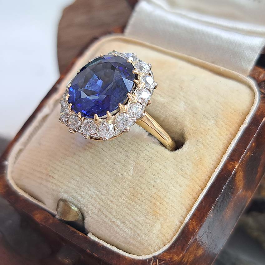 Antique Royal Blue Sapphire and Old Cut Diamond Cluster Engagement Ring