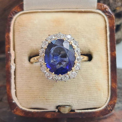 Antique Royal Blue Sapphire and Old Cut Diamond Cluster Engagement Ring