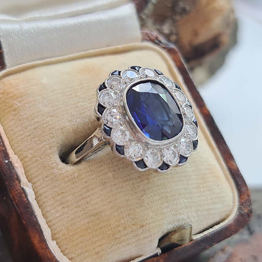 Vintage 2ct Sapphire and Diamond Cluster Ring, Circa 1940s