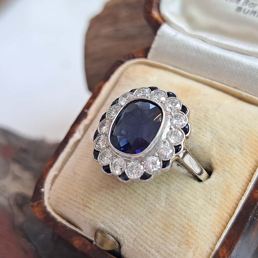 Vintage 2ct Sapphire and Diamond Cluster Ring, Circa 1940s