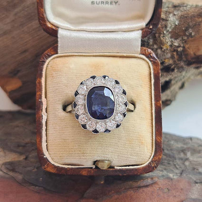 Vintage 2ct Sapphire and Diamond Cluster Ring, Circa 1940s