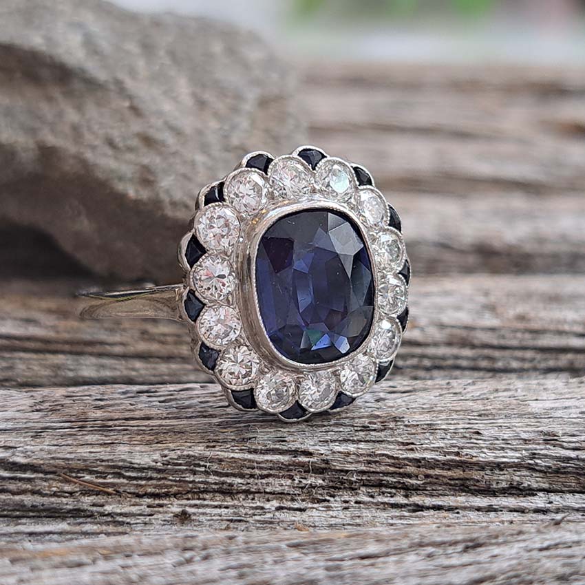 Vintage 2ct Sapphire and Diamond Cluster Ring, Circa 1940s