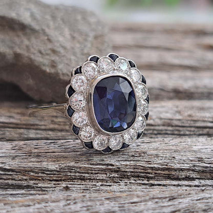 Vintage 2ct Sapphire and Diamond Cluster Ring, Circa 1940s