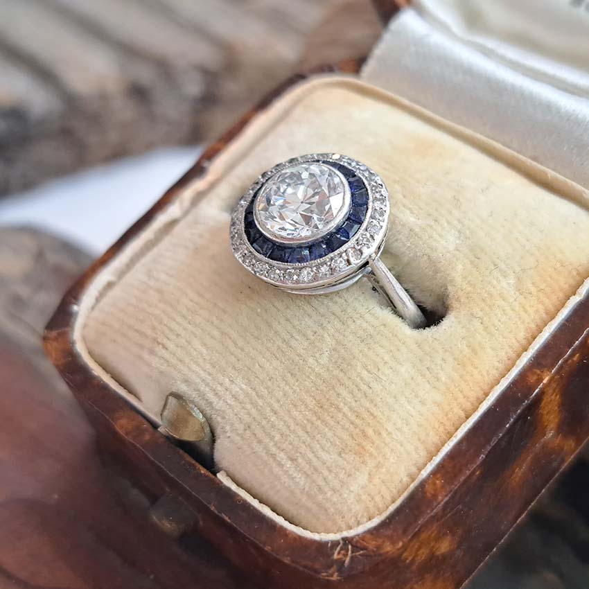 Art Deco 1.25ct Old Cut Diamond and Sapphire Target Cluster Engagement Ring