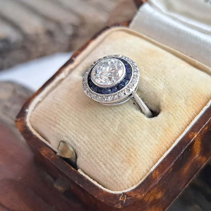 Art Deco 1.25ct Old Cut Diamond and Sapphire Target Cluster Engagement Ring