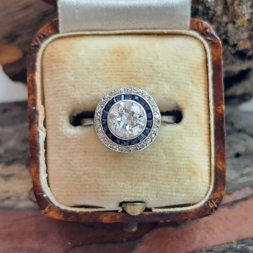 Art Deco 1.25ct Old Cut Diamond and Sapphire Target Cluster Engagement Ring