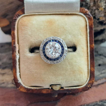 Art Deco 1.25ct Old Cut Diamond and Sapphire Target Cluster Engagement Ring