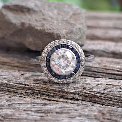 Art Deco 1.25ct Old Cut Diamond and Sapphire Target Cluster Engagement Ring