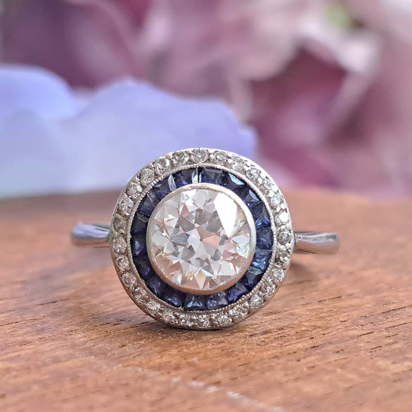 Art Deco 1.25ct Old Cut Diamond and Sapphire Target Cluster Engagement Ring