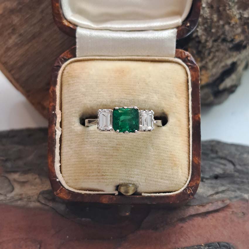 Art Deco Emerald and Baguette Diamond Trilogy Engagement Ring