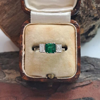 Art Deco Emerald and Baguette Diamond Trilogy Engagement Ring