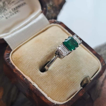 Art Deco Emerald and Baguette Diamond Trilogy Engagement Ring