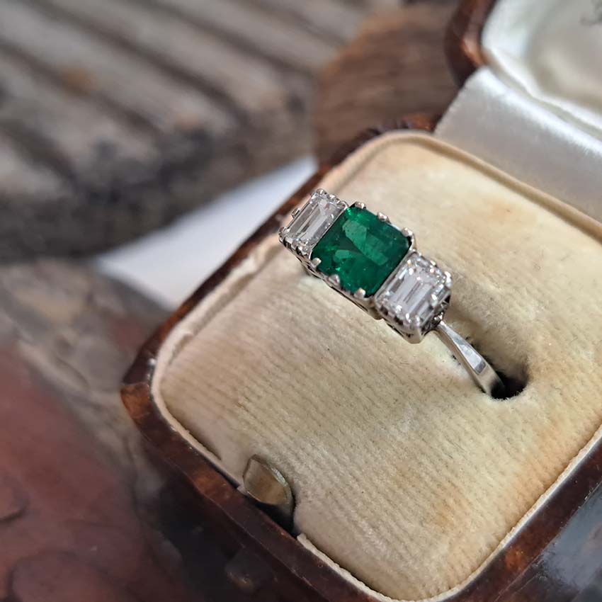 Art Deco Emerald and Baguette Diamond Trilogy Engagement Ring