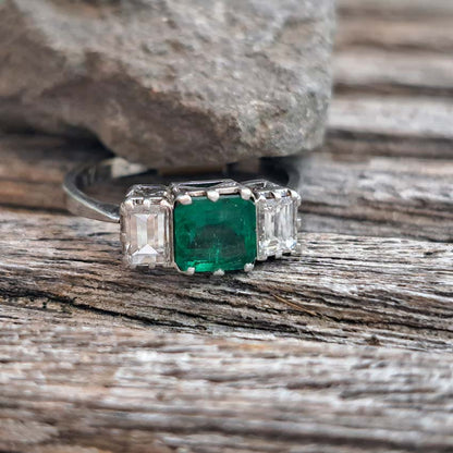 Art Deco Emerald and Baguette Diamond Trilogy Engagement Ring