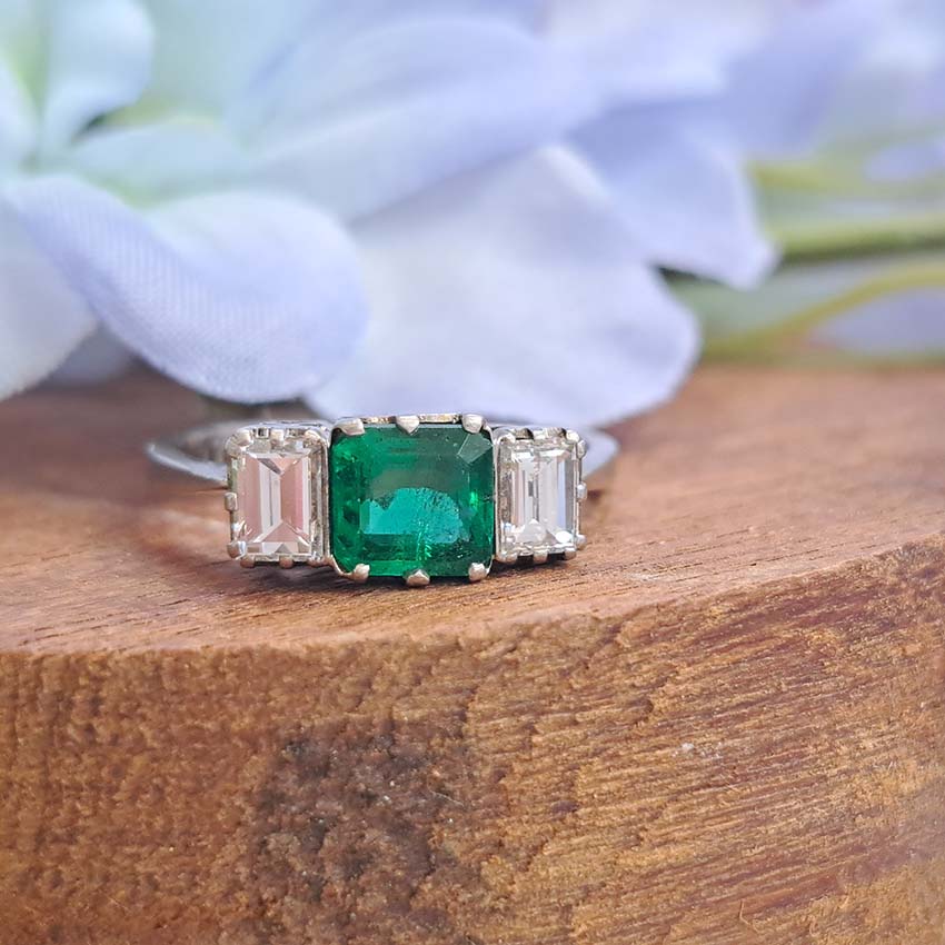 Art Deco Emerald and Baguette Diamond Trilogy Engagement Ring