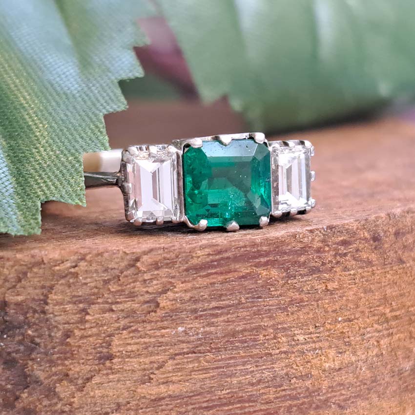 Art Deco Emerald and Baguette Diamond Trilogy Engagement Ring