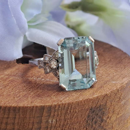 Art Deco 7ct Aquamarine and Diamond Statement Ring