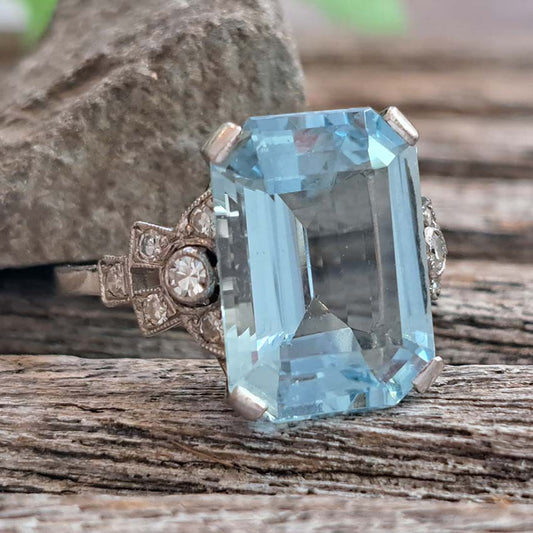 Art Deco 7ct Aquamarine and Diamond Statement Ring