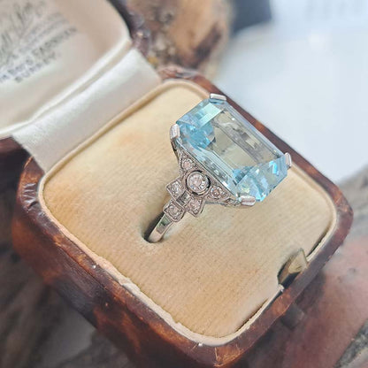 Art Deco 7ct Aquamarine and Diamond Statement Ring