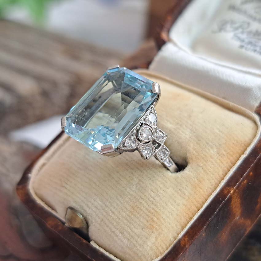 Art Deco 7ct Aquamarine and Diamond Statement Ring