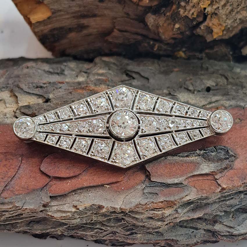 Art Deco 4.67ct Old Cut Diamond Navette Brooch