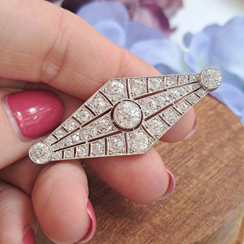 Art Deco 4.67ct Old Cut Diamond Navette Brooch