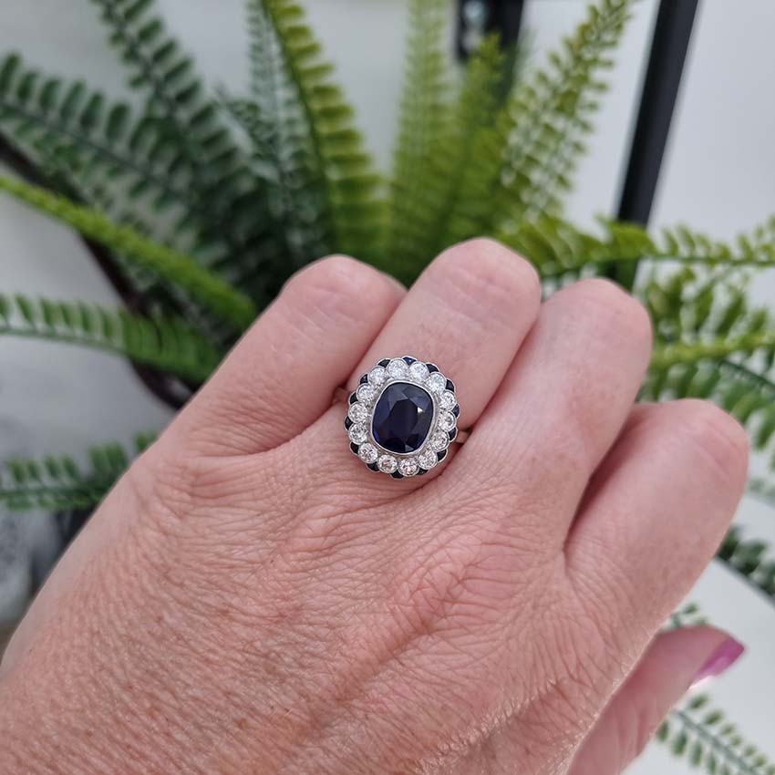 Vintage 2ct Sapphire and Diamond Cluster Ring, Circa 1940s