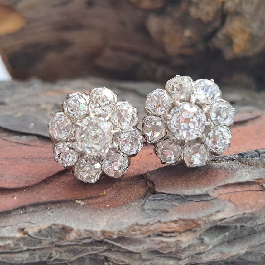 Antique French 5.20ct Old Cut Diamond Cluster Stud Earrings