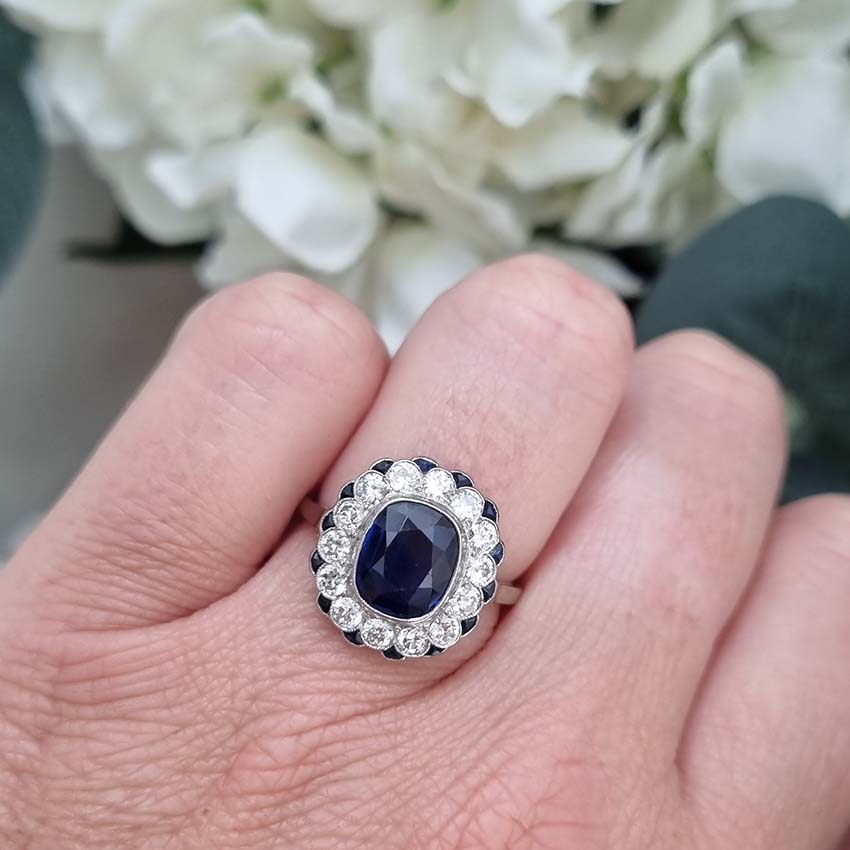 Vintage 2ct Sapphire and Diamond Cluster Ring, Circa 1940s