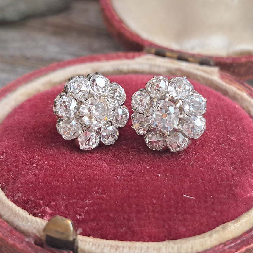 Antique French 5.20ct Old Cut Diamond Cluster Stud Earrings