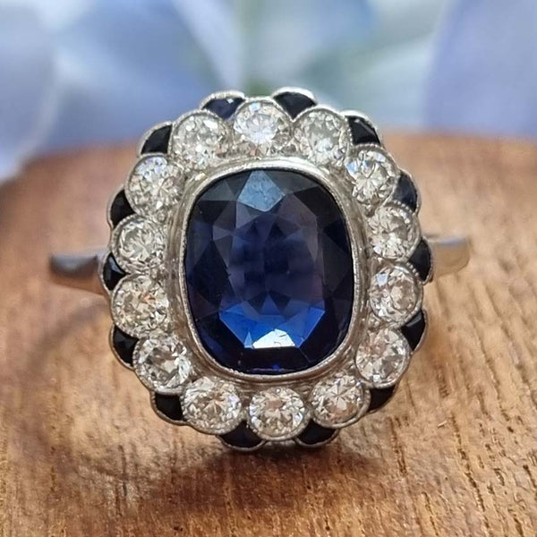 Vintage 2ct Sapphire and Diamond Cluster Ring, Circa 1940s