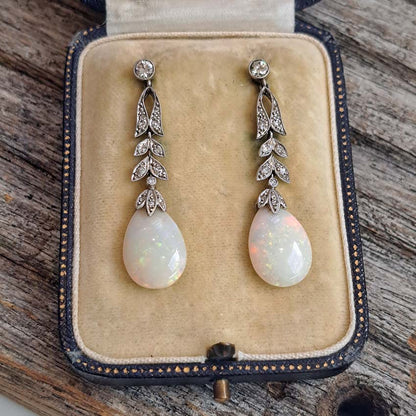 Edwardian Antique Opal and Diamond Drop Earrings
