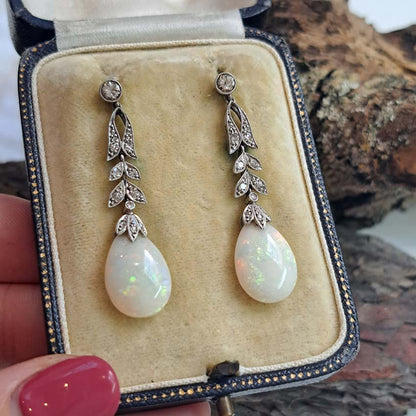 Edwardian Antique Opal and Diamond Drop Earrings
