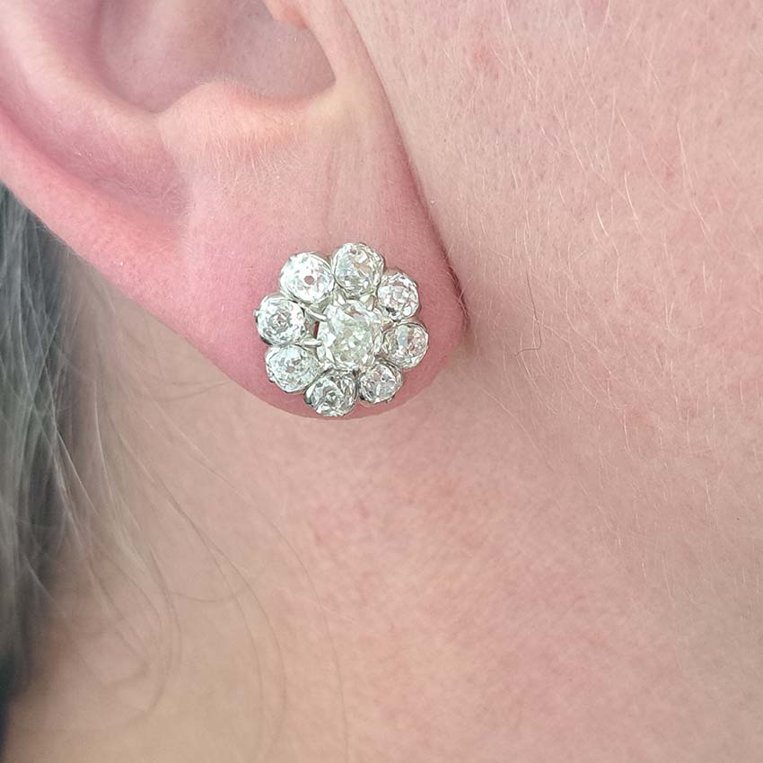 Antique French 5.20ct Old Cut Diamond Cluster Stud Earrings