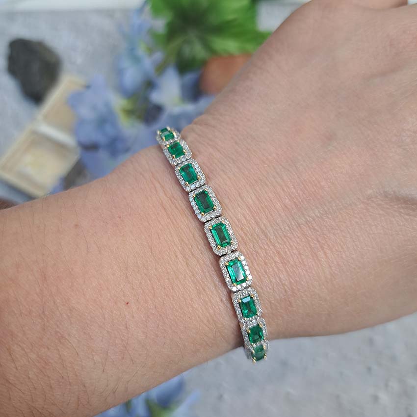 Modern 6.30ct Emerald and Diamond Cluster Line Bracelet