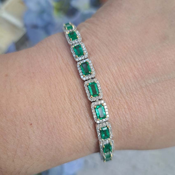 Modern 6.30ct Emerald and Diamond Cluster Line Bracelet
