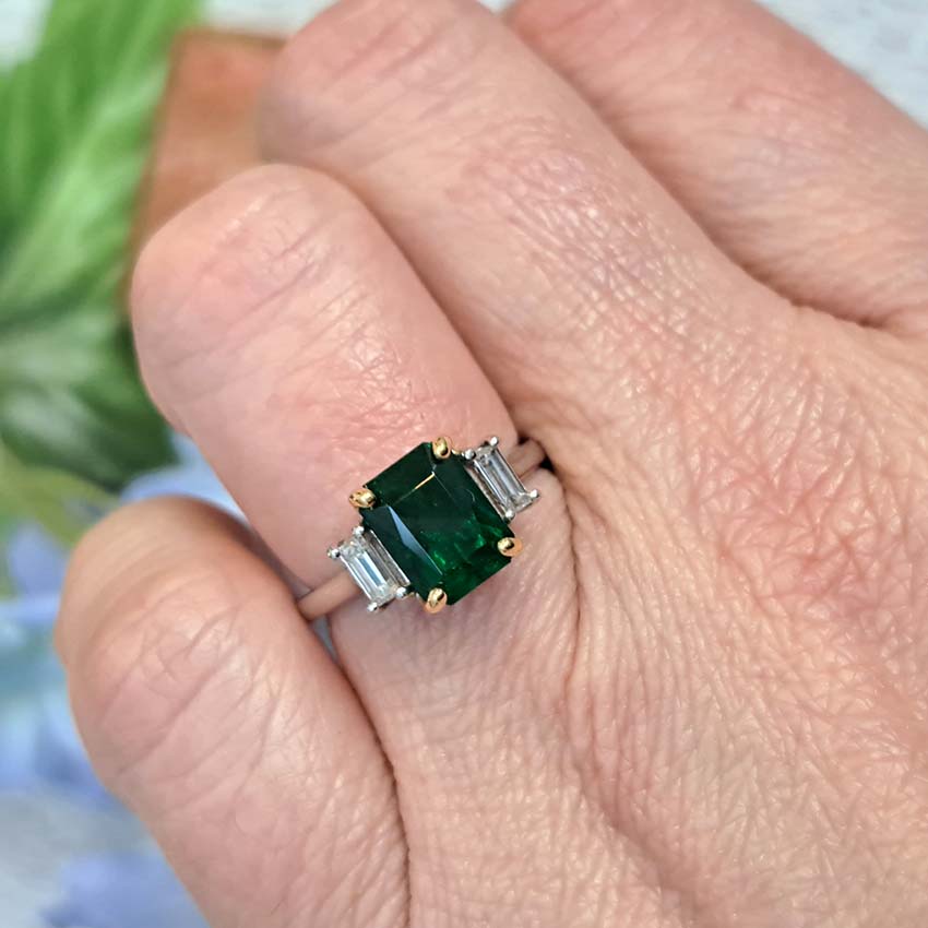 2.12ct Emerald Cut Emerald and Baguette Diamond Trilogy Ring