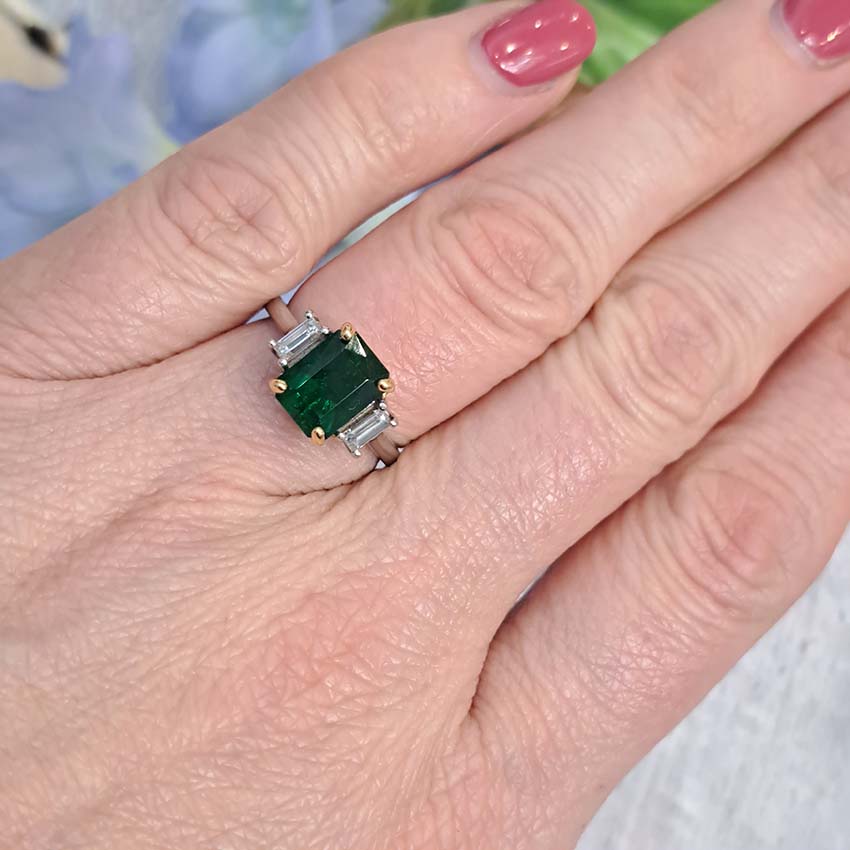 2.12ct Emerald Cut Emerald and Baguette Diamond Trilogy Ring