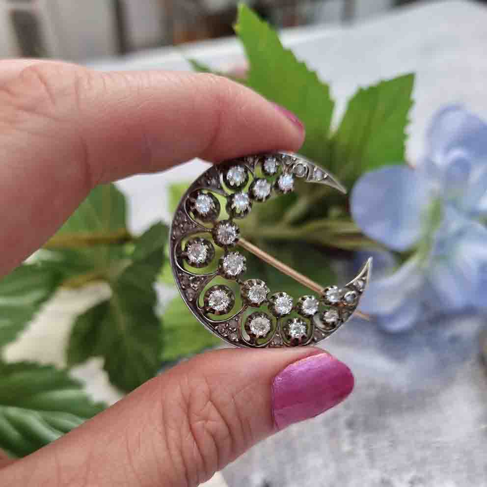 Victorian Antique 1ct Old Cut Diamond Crescent Moon Brooch