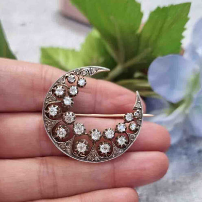 Victorian Antique 1ct Old Cut Diamond Crescent Moon Brooch