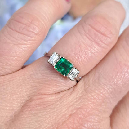 Art Deco Emerald and Baguette Diamond Trilogy Engagement Ring