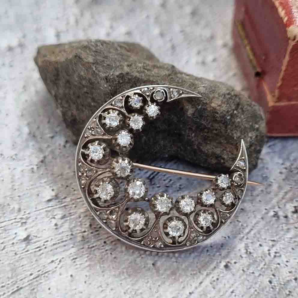 Victorian Antique 1ct Old Cut Diamond Crescent Moon Brooch