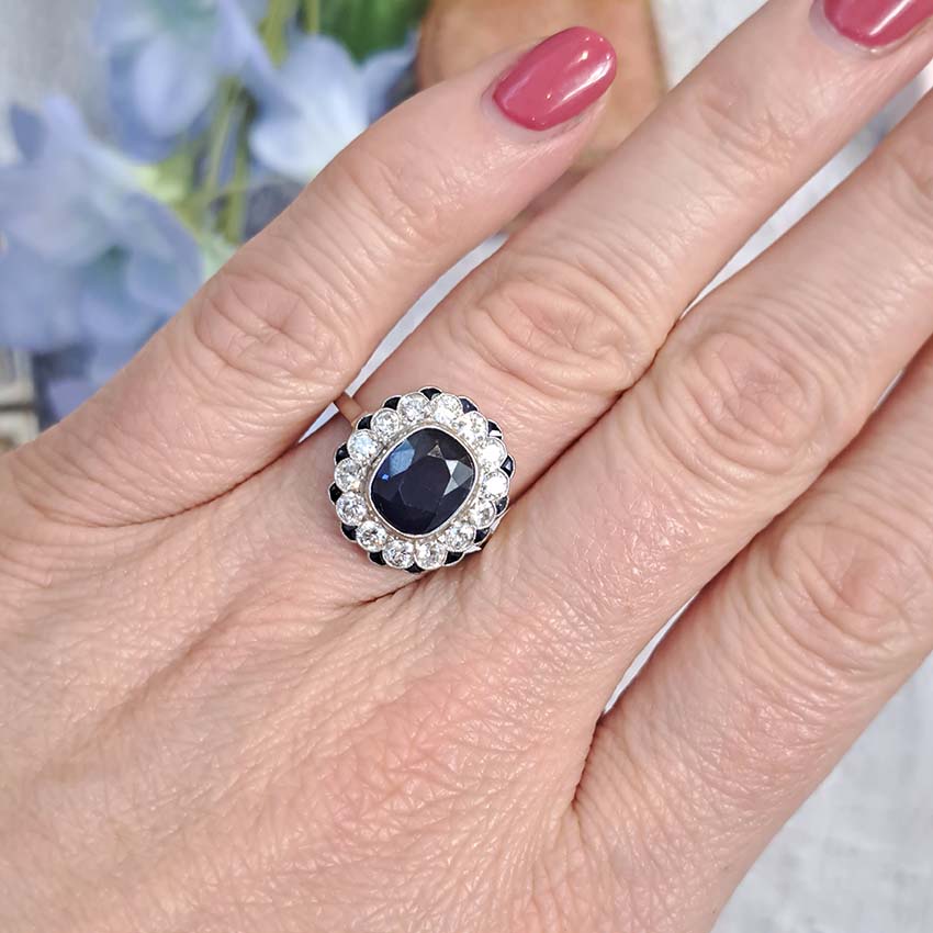 Vintage 2ct Sapphire and Diamond Cluster Ring, Circa 1940s