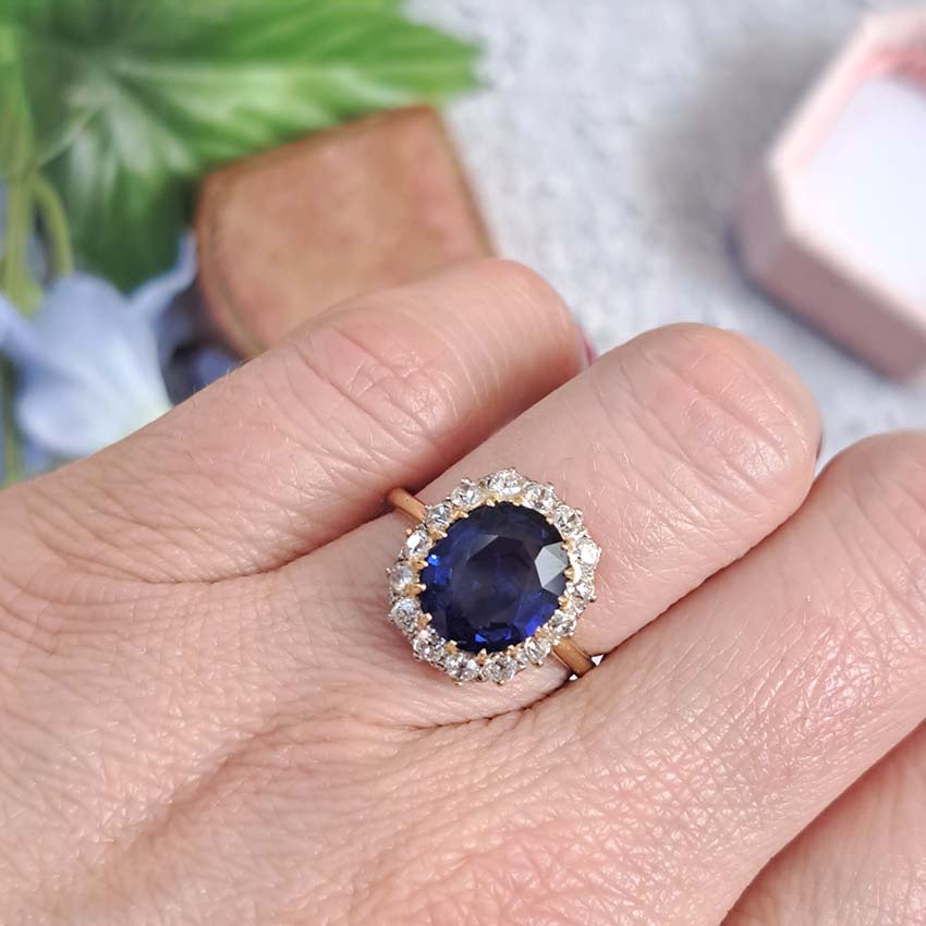 Antique Royal Blue Sapphire and Old Cut Diamond Cluster Engagement Ring