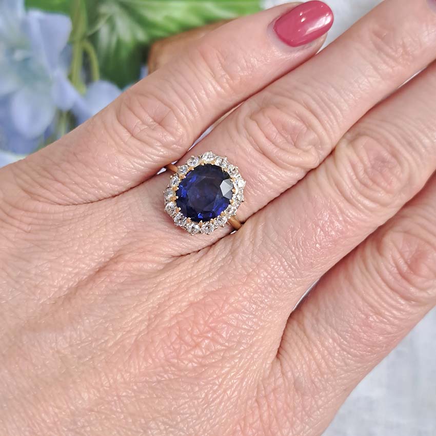 Antique Royal Blue Sapphire and Old Cut Diamond Cluster Engagement Ring