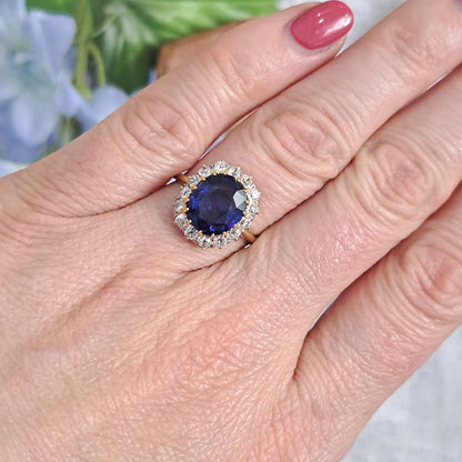 Antique Royal Blue Sapphire and Old Cut Diamond Cluster Engagement Ring