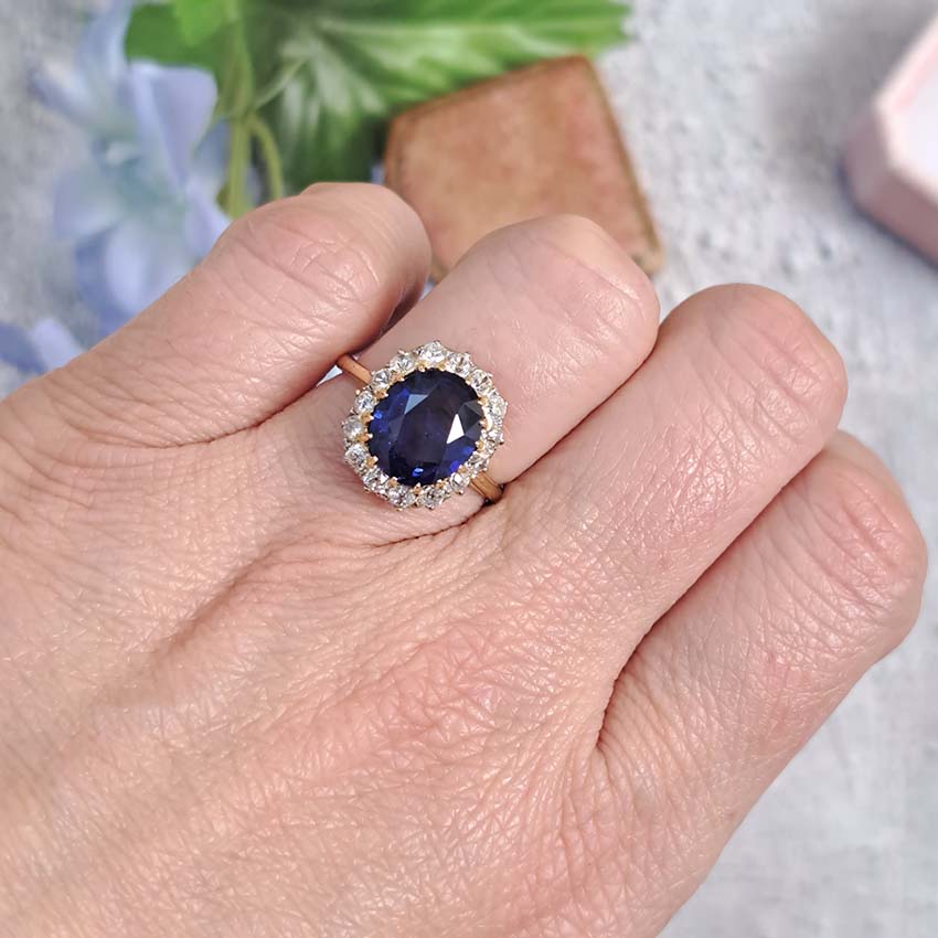Antique Royal Blue Sapphire and Old Cut Diamond Cluster Engagement Ring