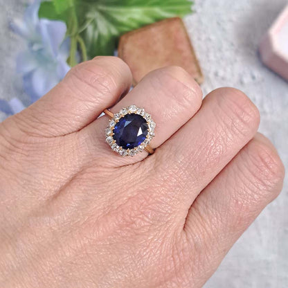 Antique Royal Blue Sapphire and Old Cut Diamond Cluster Engagement Ring