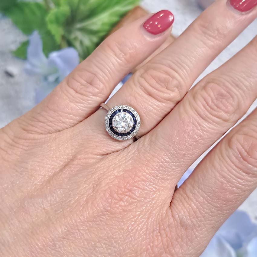 Art Deco 1.25ct Old Cut Diamond and Sapphire Target Cluster Engagement Ring