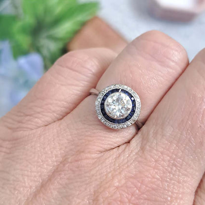 Art Deco 1.25ct Old Cut Diamond and Sapphire Target Cluster Engagement Ring
